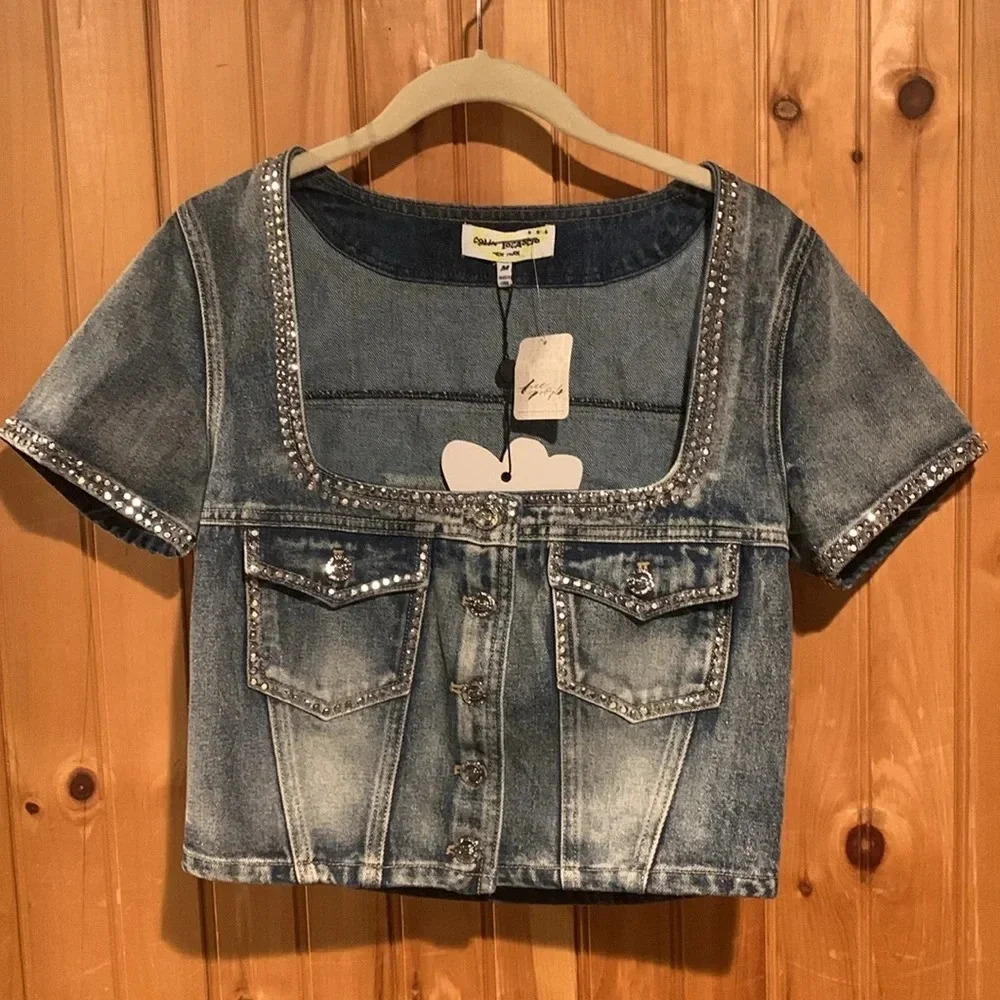 New NWT FREE PEOPLE x COLIN LOCASCIO Stassi denim rhinestone top